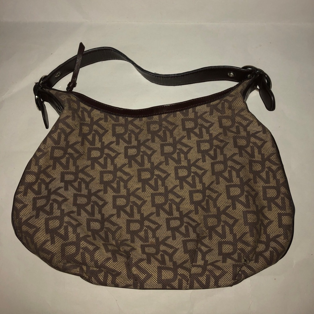 DKNY Donna Karan  Brown Leather Trim Inside Zipper Hobo Purse
